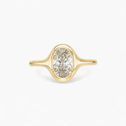 1.5 ct Oval-Cut Moissanite Bezel-Prong Ring in yellow gold vermeil, front view.