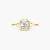 1 ct Cushion-Cut Moissanite Bezel-Prong Ring in yellow gold vermeil, front view.