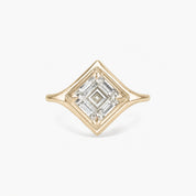1 ct Diagonal Asscher-Cut Moissanite Bezel-Prong Ring in yellow gold vermeil, front view.