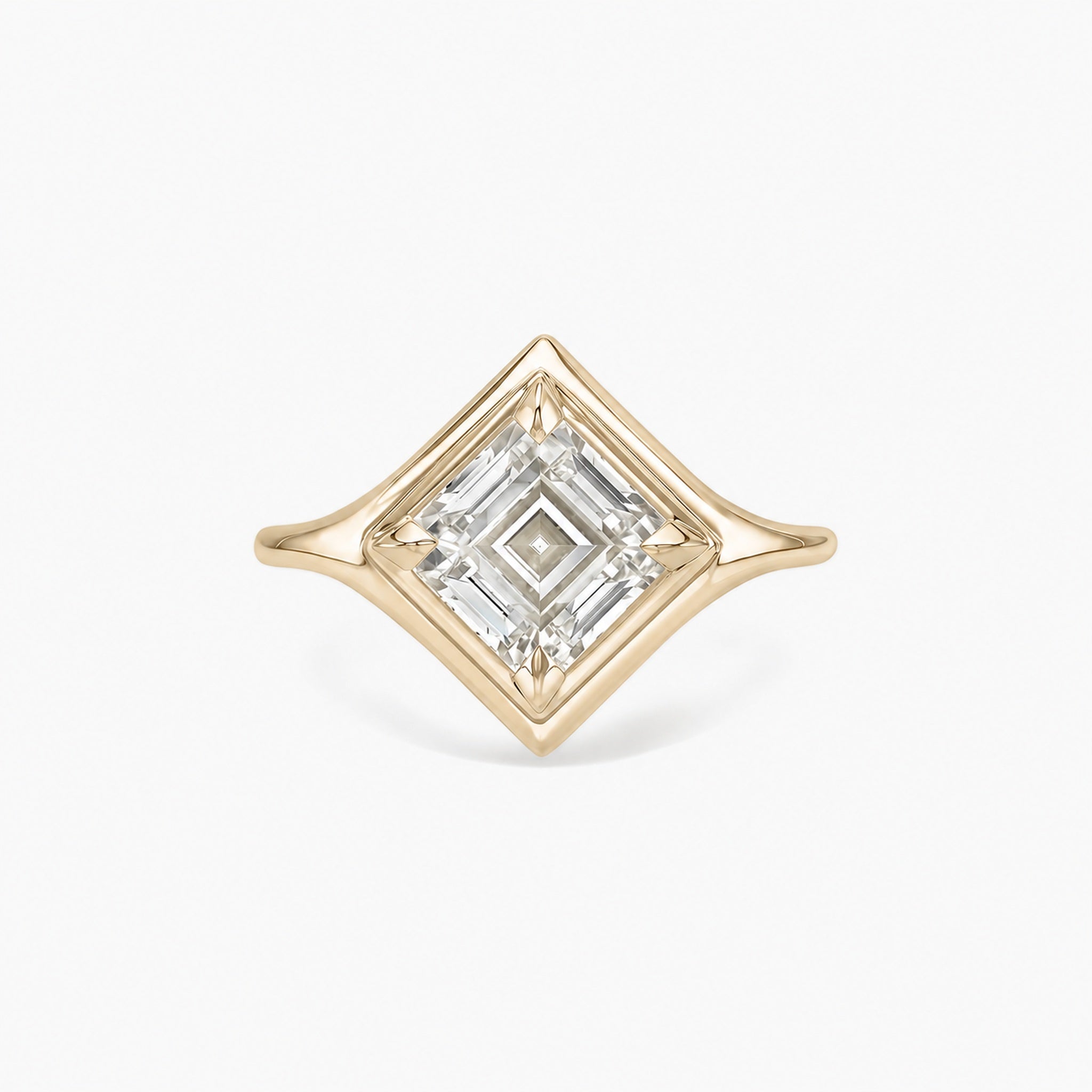 1 ct Diagonal Asscher-Cut Moissanite Bezel-Prong Ring in yellow gold vermeil, front view.