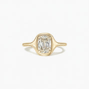 2 ct Elongated Cushion-Cut Moissanite Bezel-Prong Ring in yellow gold vermeil, front view.