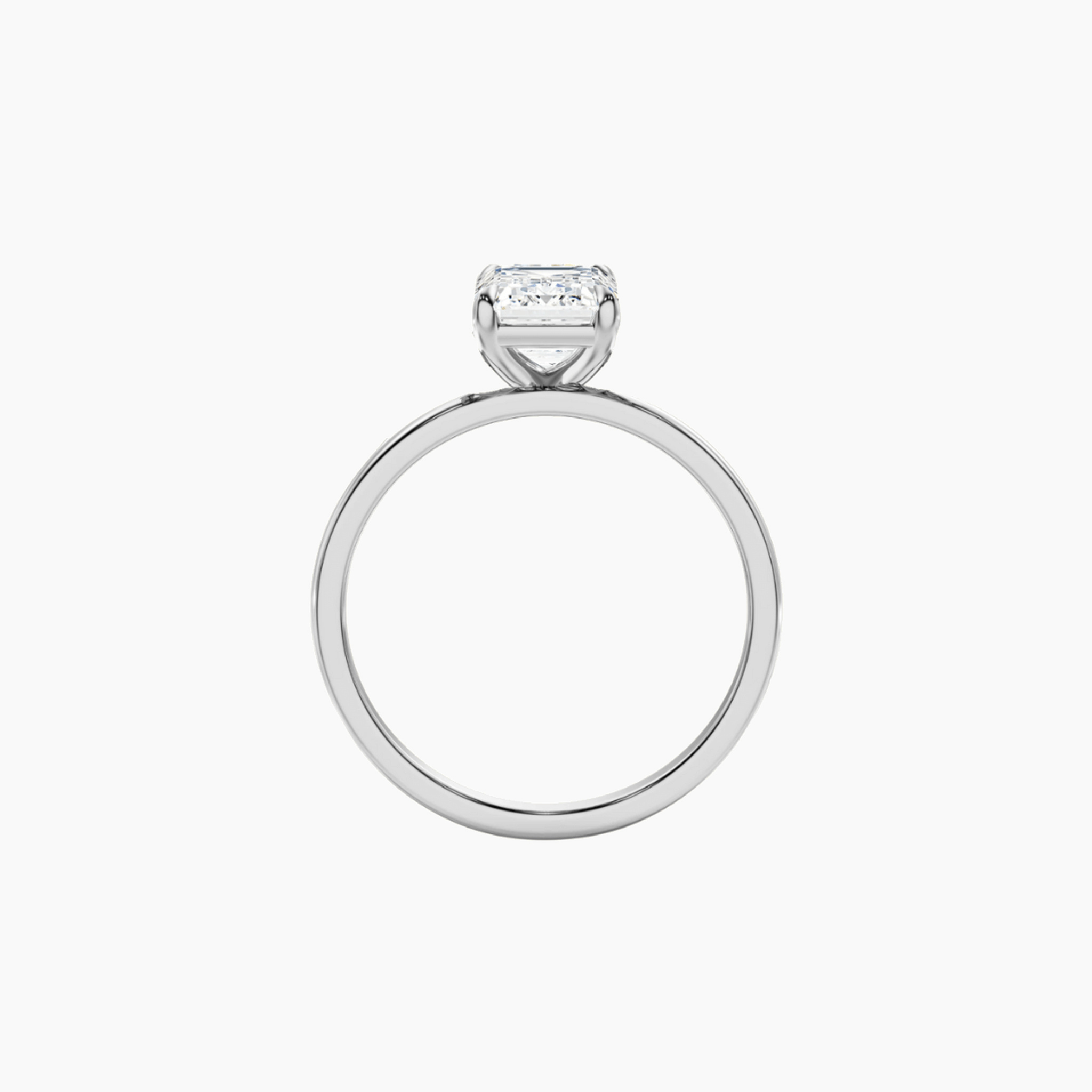 2 ct emerald-cut moissanite solitaire ring in white gold vermeil, back view.