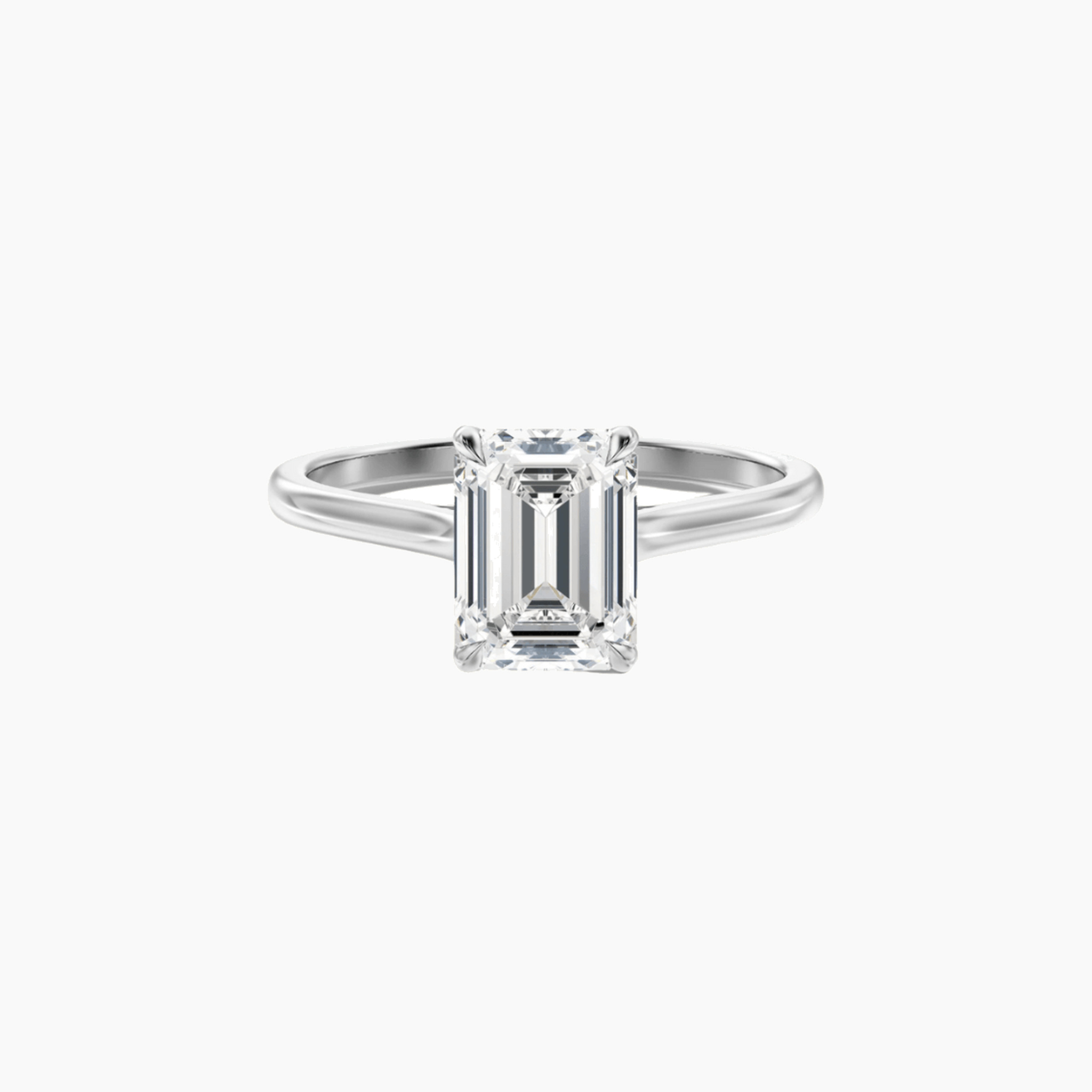 2 ct emerald-cut moissanite solitaire ring in white gold vermeil, front view.