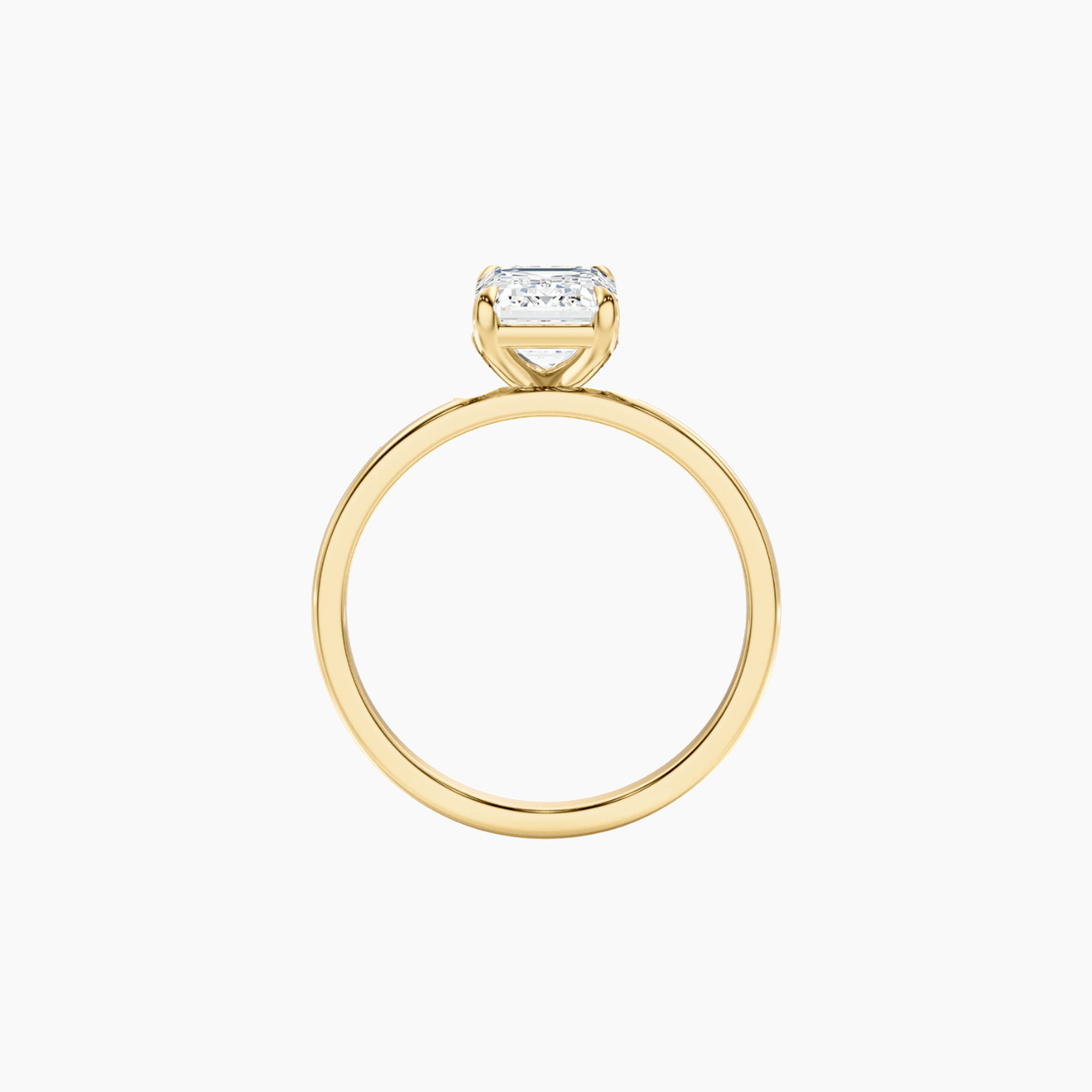 2 ct emerald-cut moissanite solitaire ring in yellow gold vermeil, back view.