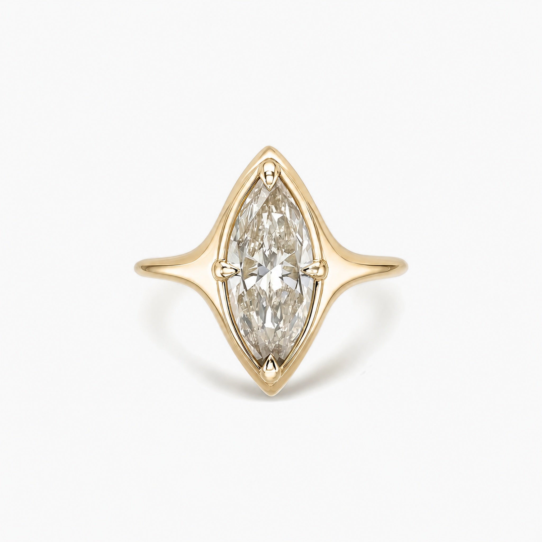 2 ct Marquise-Cut Moissanite Bezel-Prong Ring in yellow gold vermeil, front view.