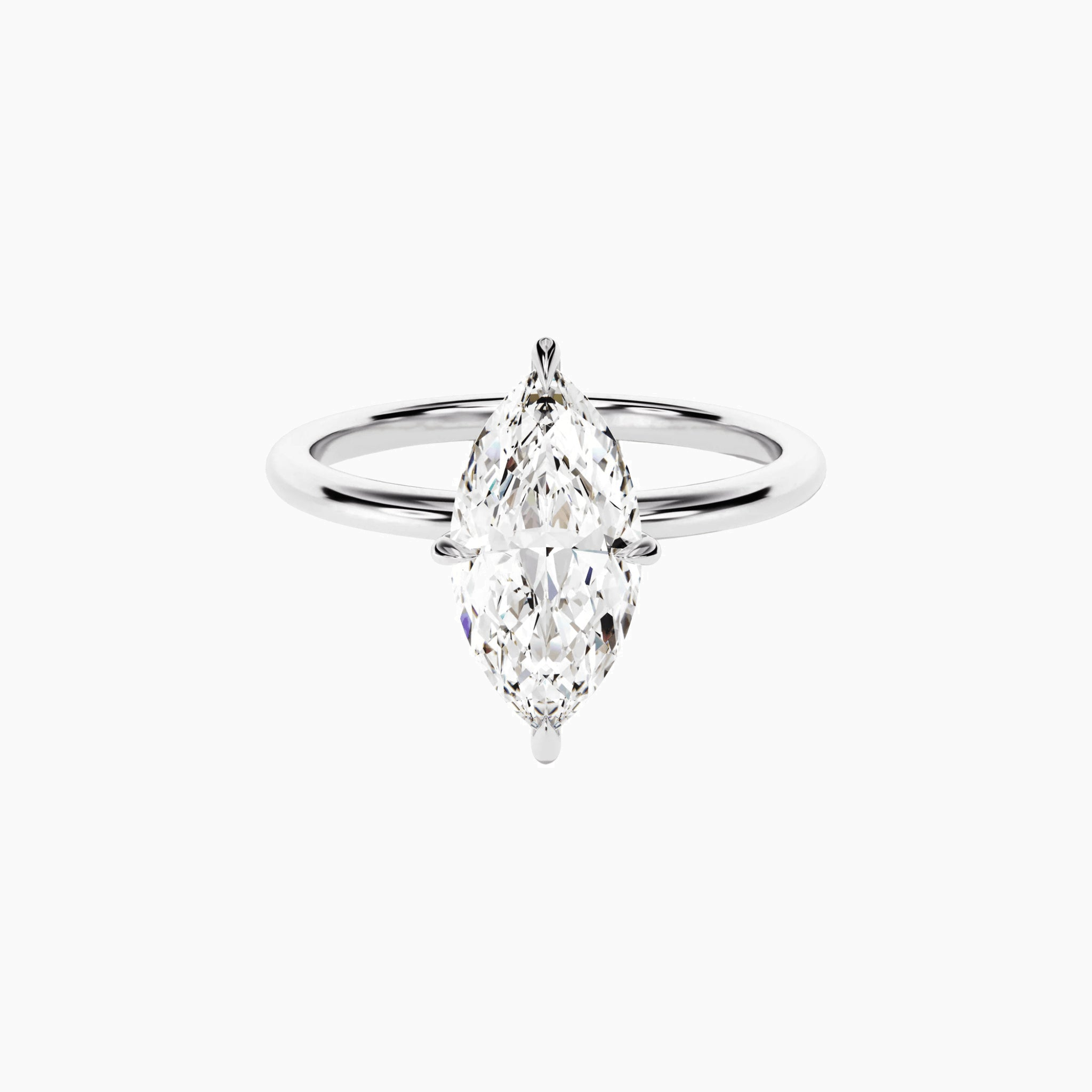2 ct marquise-cut moissanite solitaire ring in white gold vermeil, front view.