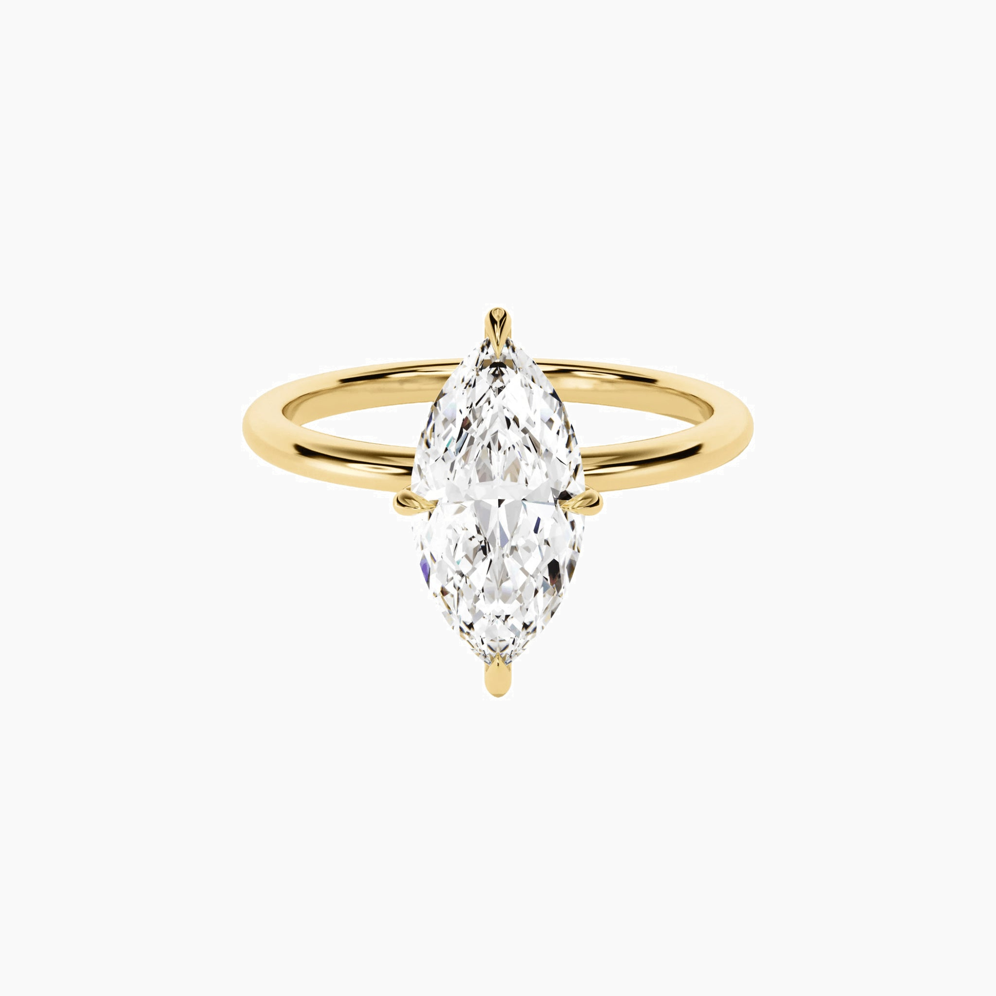2 ct marquise-cut moissanite solitaire ring in yellow gold vermeil, front view.
