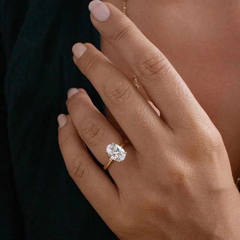 2 ct oval-cut moissanite solitaire ring worn on a finger.