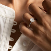 2 ct oval-cut moissanite solitaire ring worn on a finger.