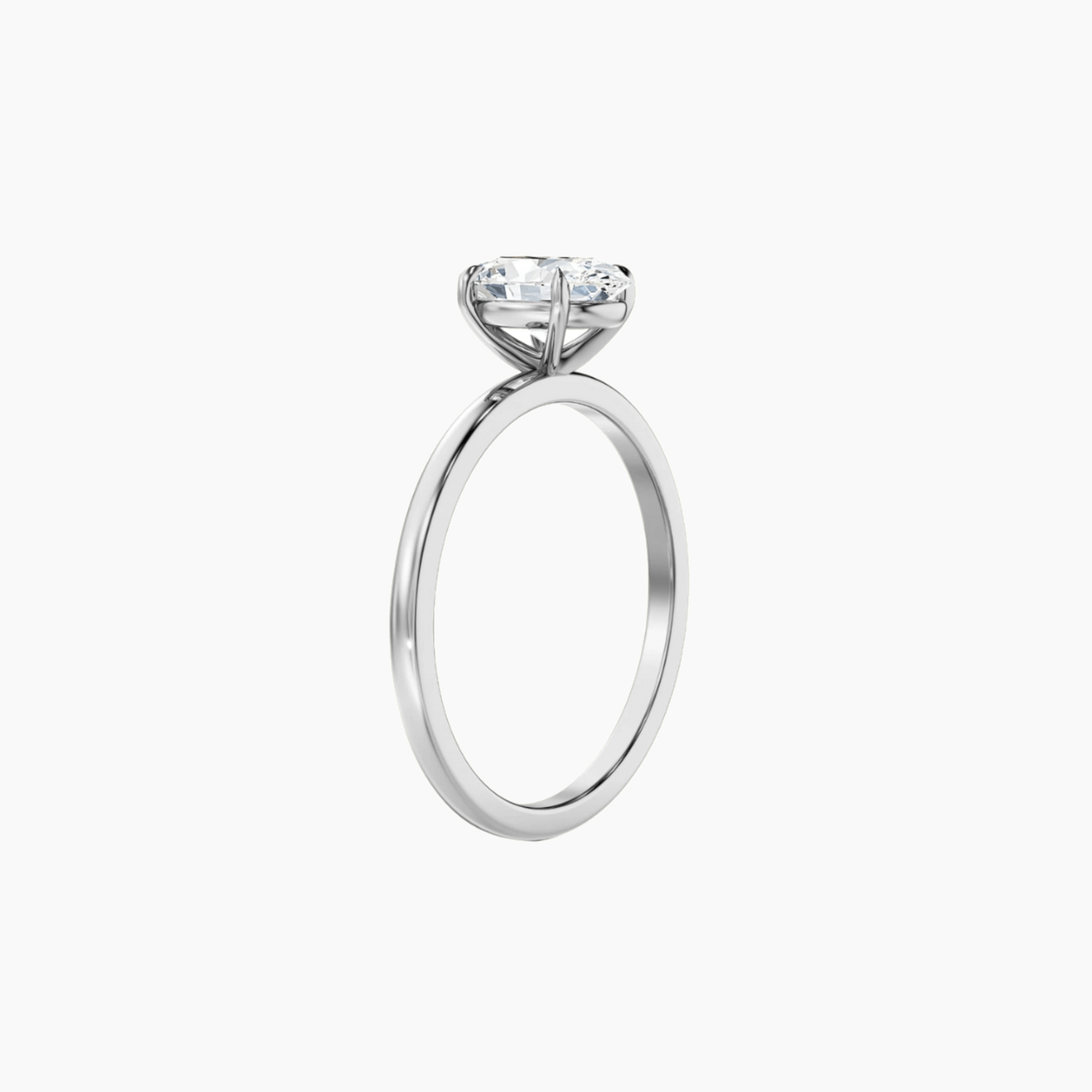 2 ct oval-cut moissanite solitaire ring in white gold vermeil, side view.