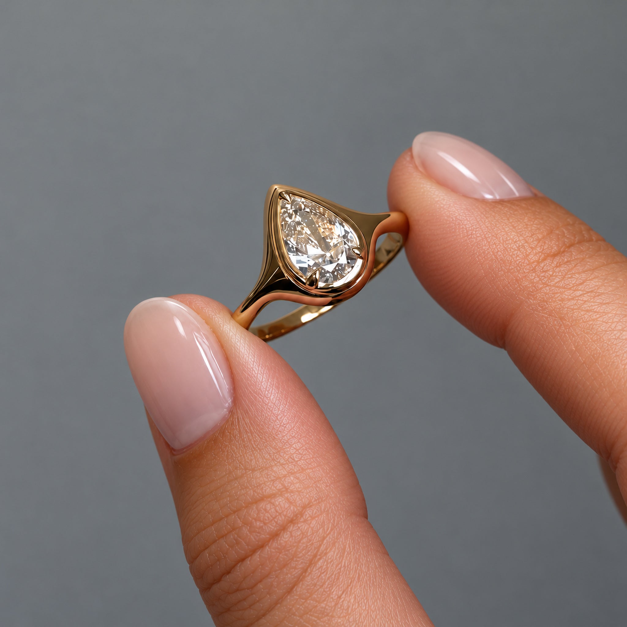 2 ct pear-cut moissanite bezel-prong ring in 18k yellow gold vermeil, held between two fingertips