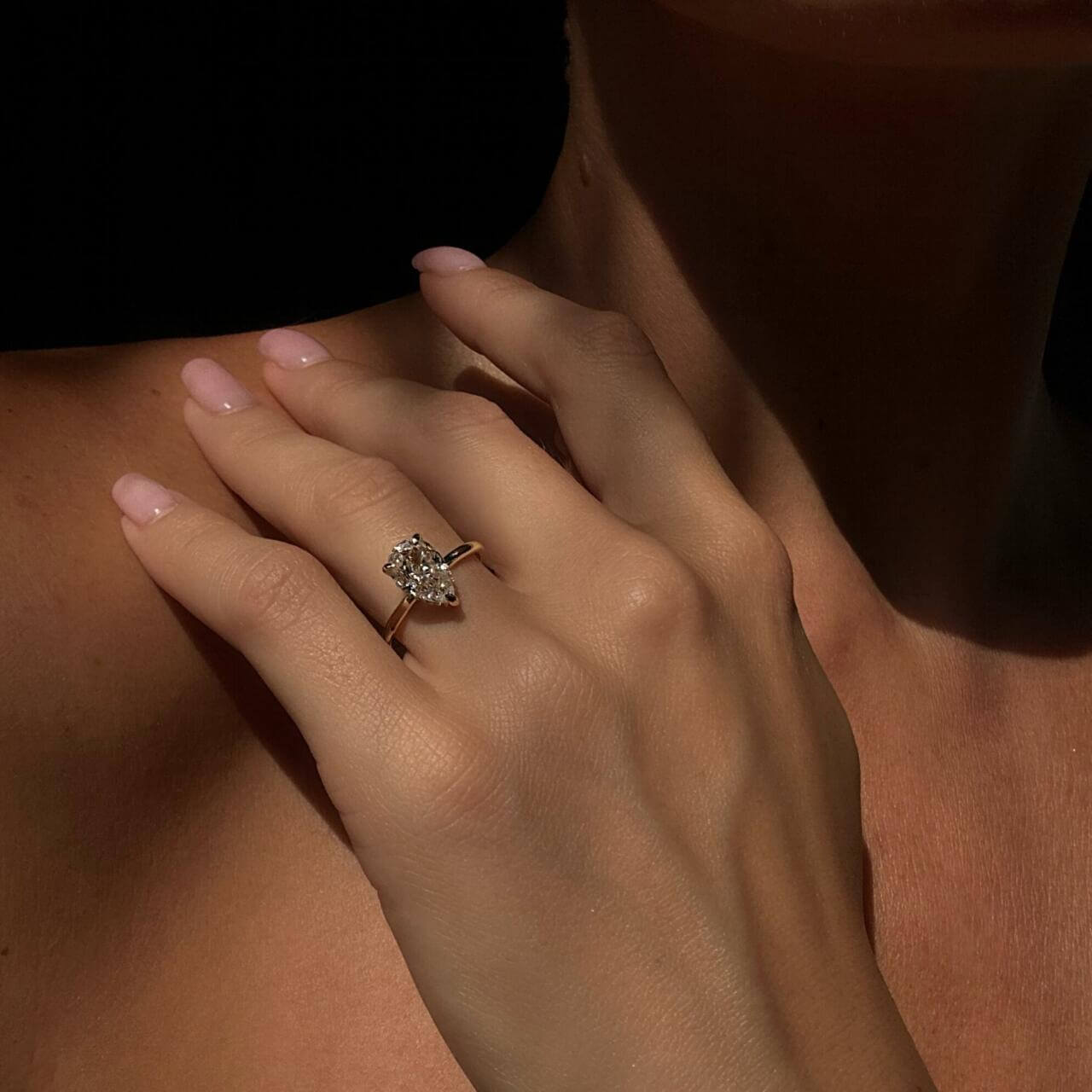 2 ct pear-cut moissanite solitaire ring worn on a finger.