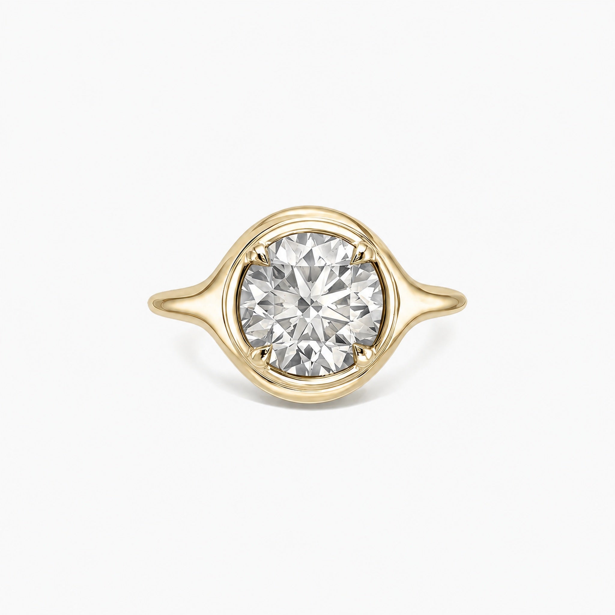 2 ct Round-Cut Moissanite Bezel-Prong Ring in yellow gold vermeil, front view.