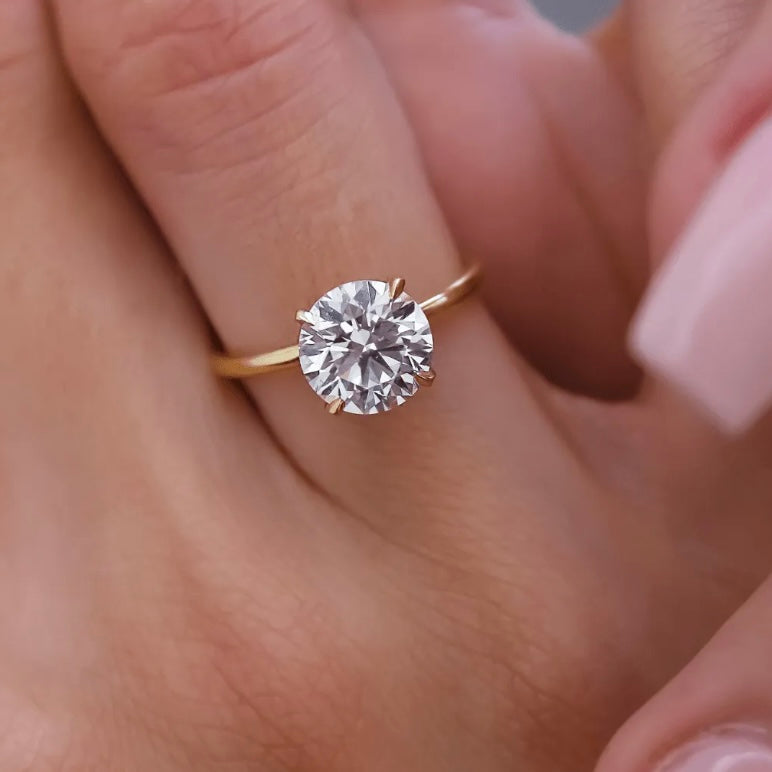 2 ct round-cut moissanite solitaire ring worn on a finger.