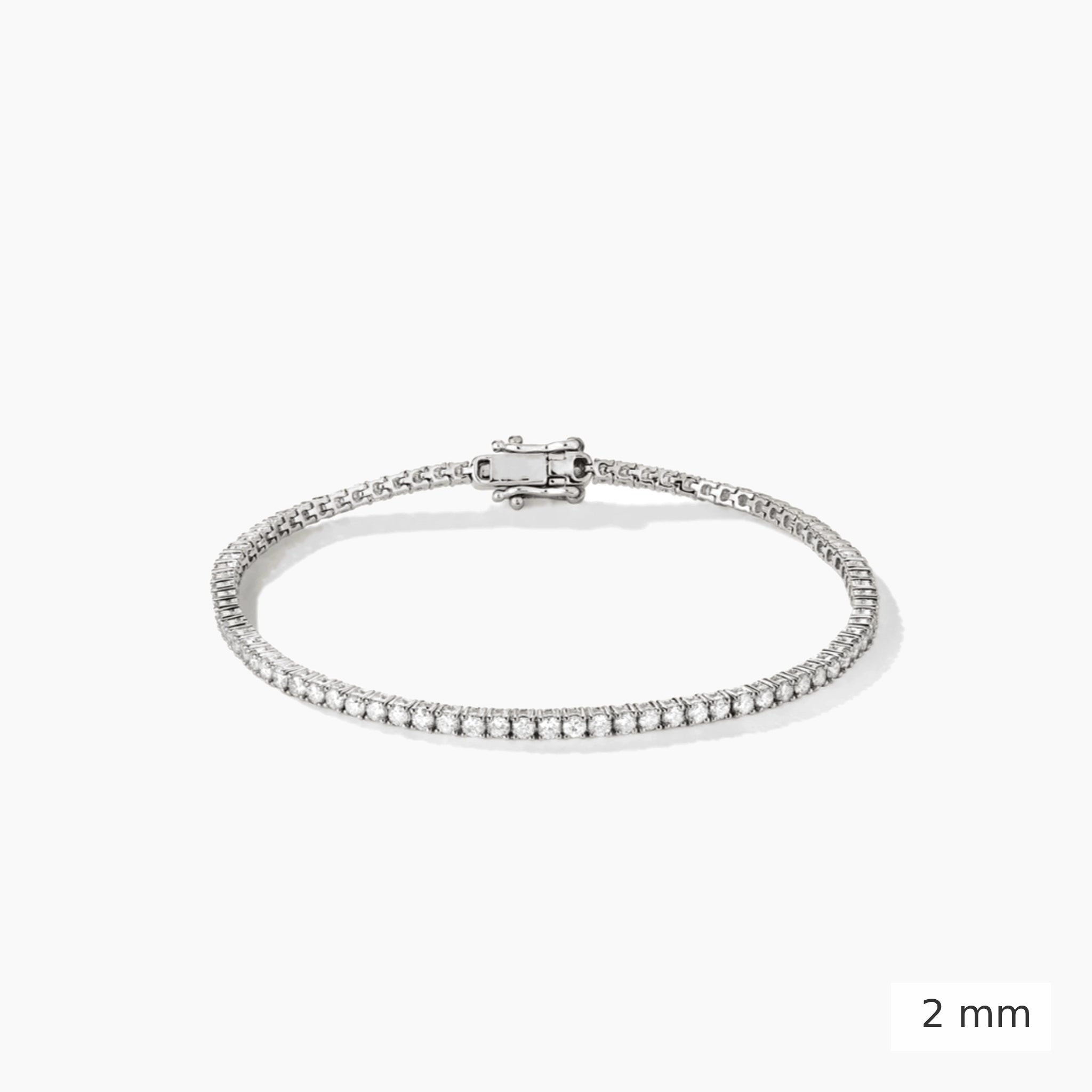 2 mm lab-grown diamond tennis bracelet in white gold, closed view.
