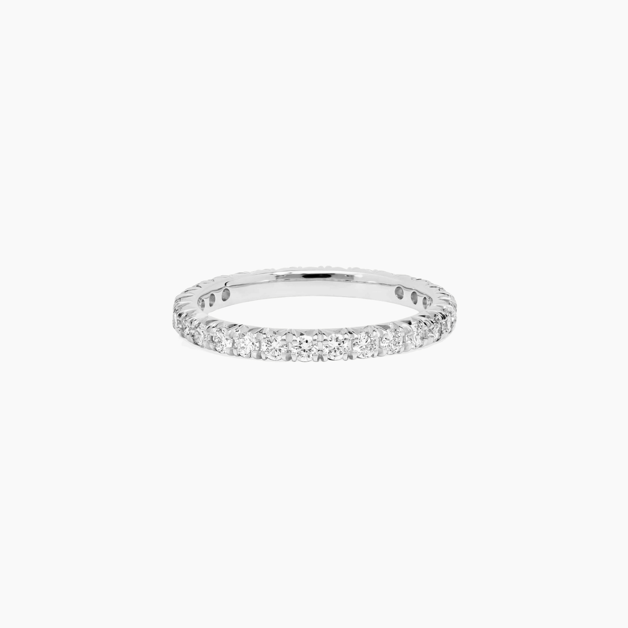 2 mm moissanite eternity ring in white gold vermeil, front view.