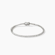 2 mm moissanite tennis bracelet in white gold vermeil, closed view.