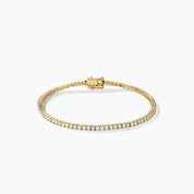 2 mm moissanite tennis bracelet in yellow gold vermeil, closed view.