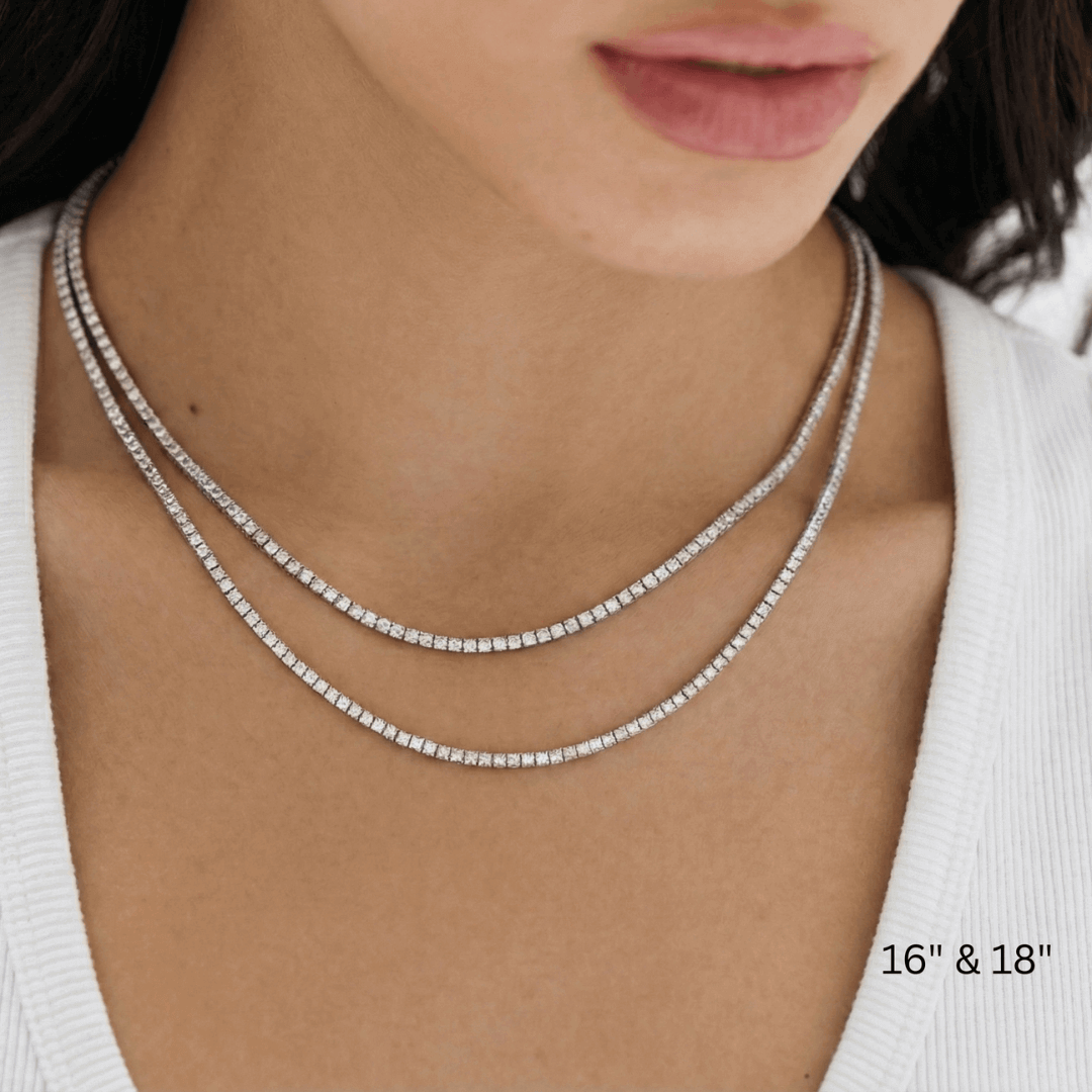 2 mm moissanite tennis necklace 16-inch and 18-inch necklaces shown together on the neckline.