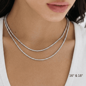 2 mm moissanite tennis necklace 16-inch and 18-inch necklaces shown together on the neckline.