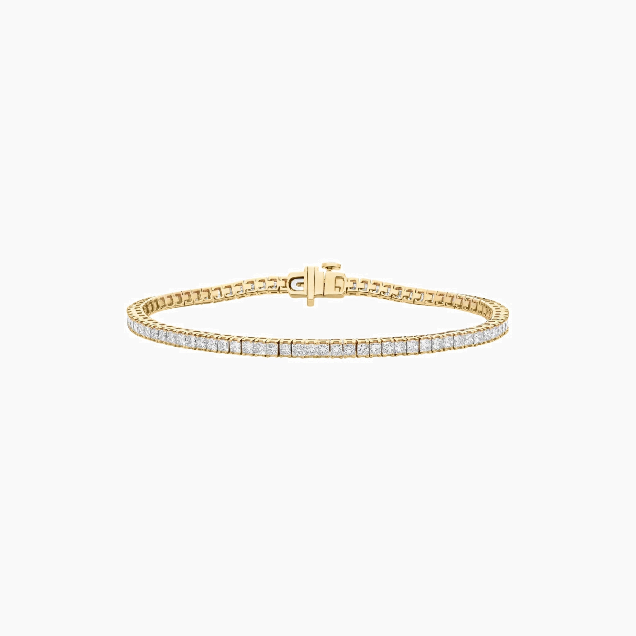2 mm princess-cut moissanite tennis bracelet in yellow gold vermeil, full product view.
