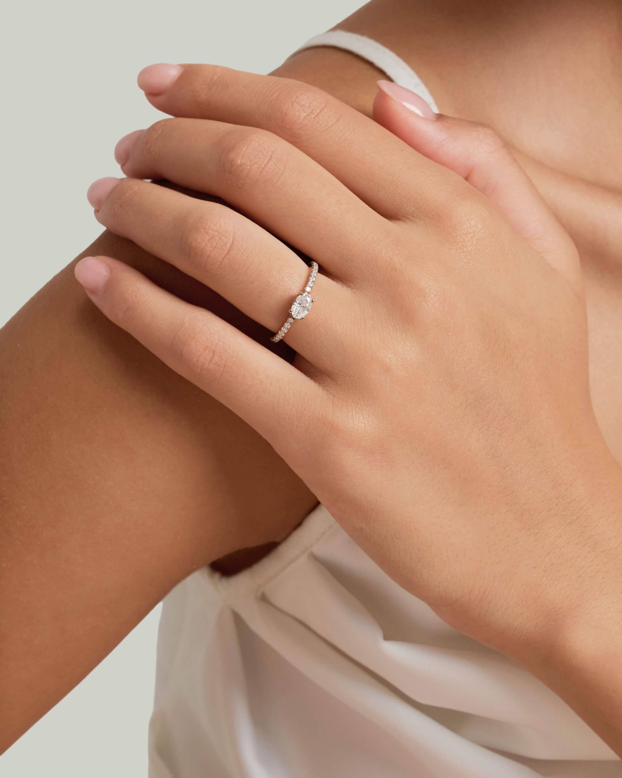 East West Oval Solitaire Pavé Moissanite Ring