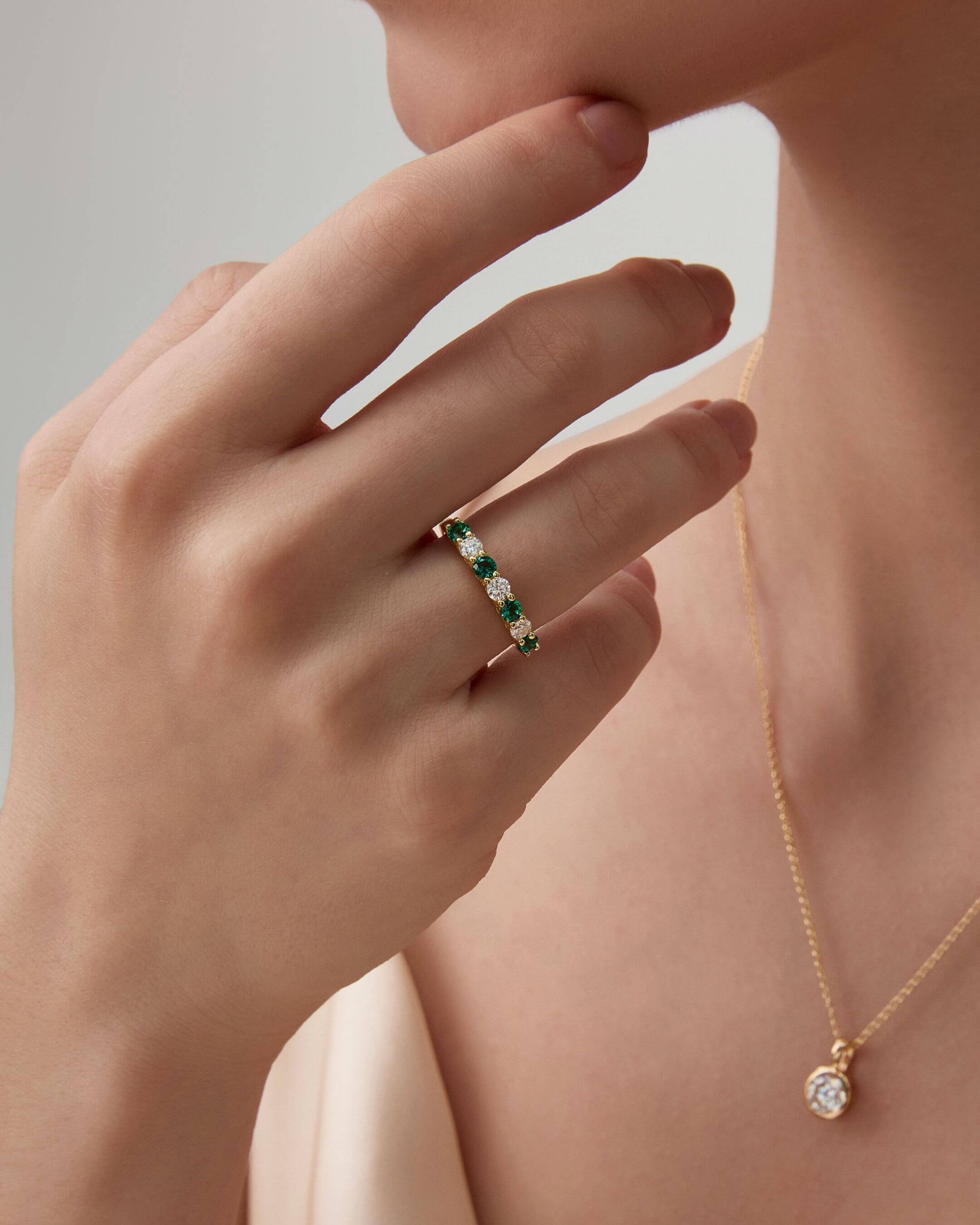 Moissanite & Lab-Grown Emerald Half Eternity Ring