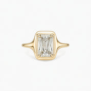 3 ct Emerald-Cut Moissanite Bezel-Prong Ring in yellow gold vermeil, front view.