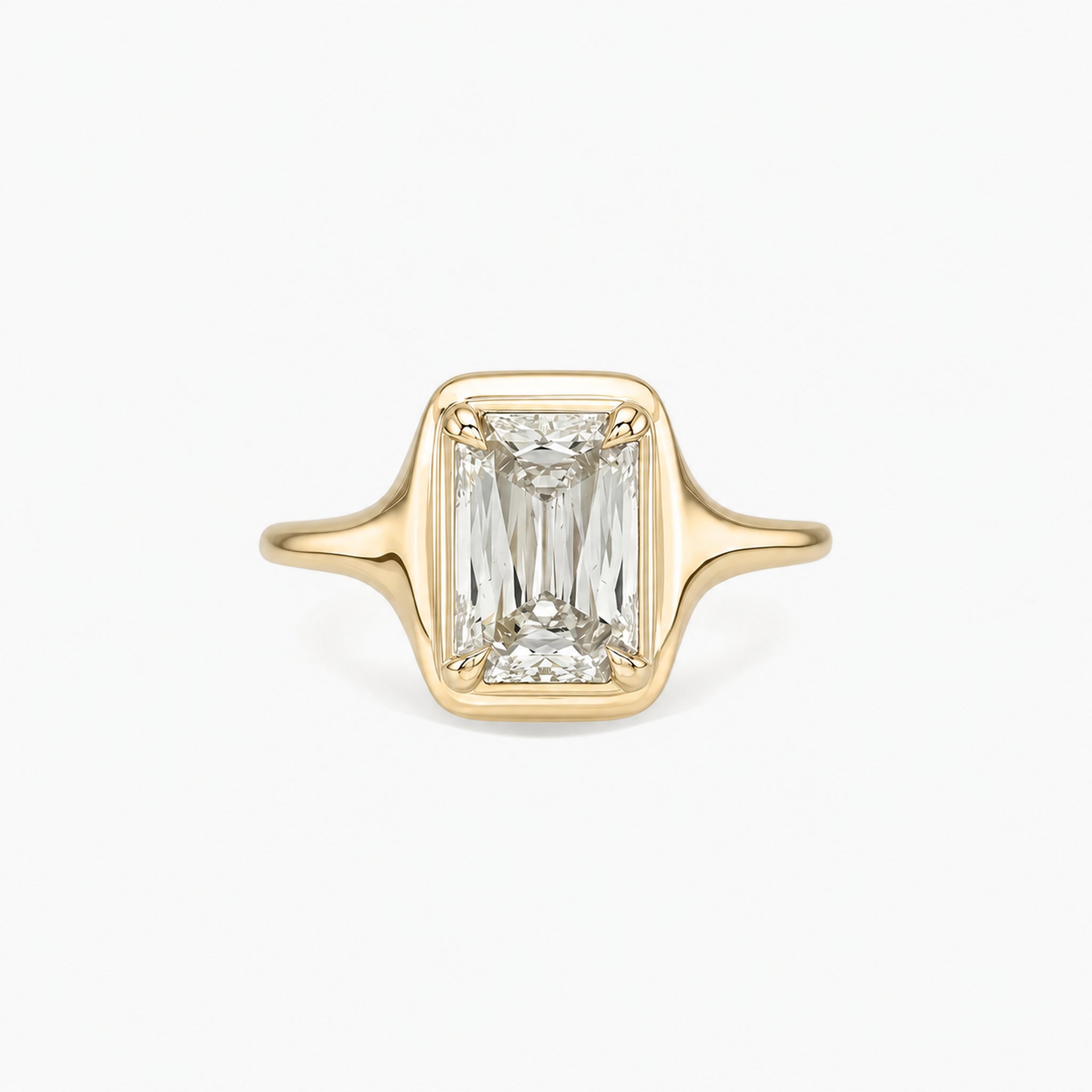 3 ct Emerald-Cut Moissanite Bezel-Prong Ring in yellow gold vermeil, front view.