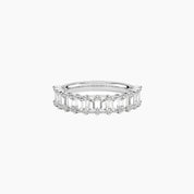 3 ct emerald-cut moissanite half eternity ring in white gold vermeil, front view.