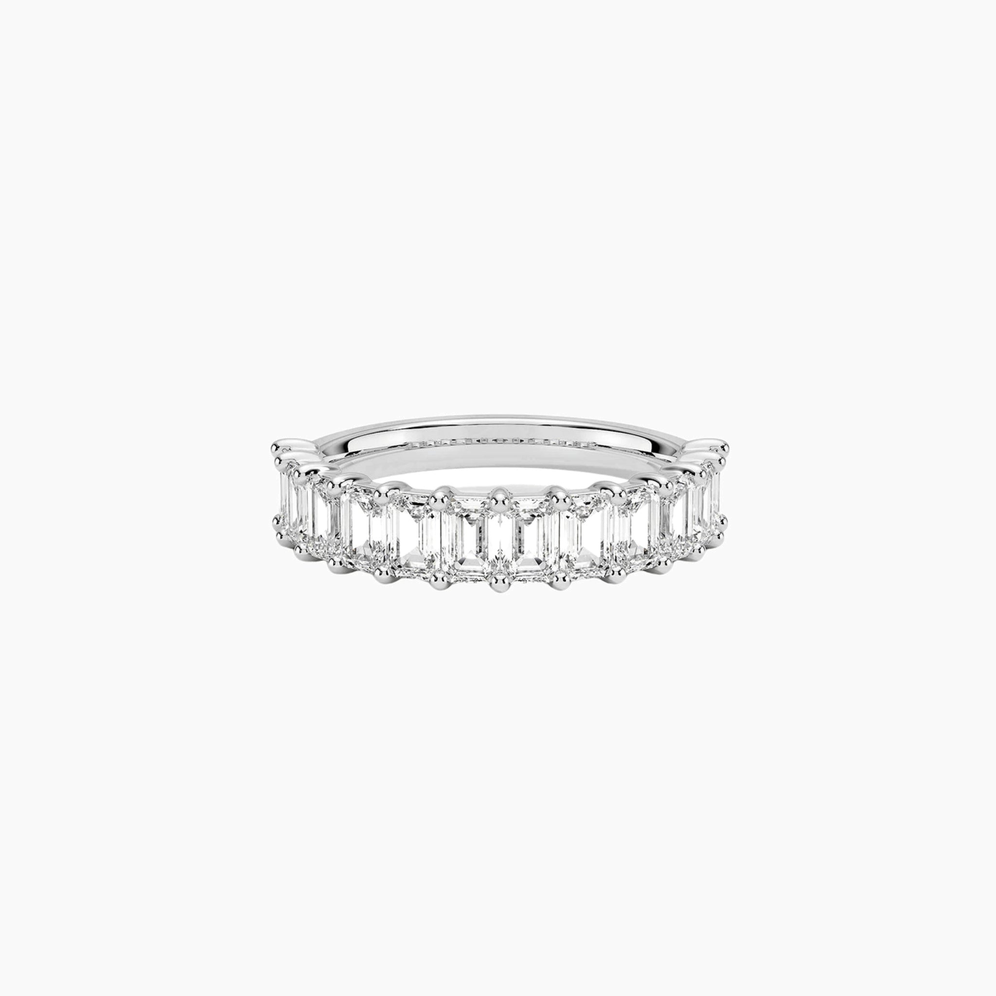 3 ct emerald-cut moissanite half eternity ring in white gold vermeil, front view.