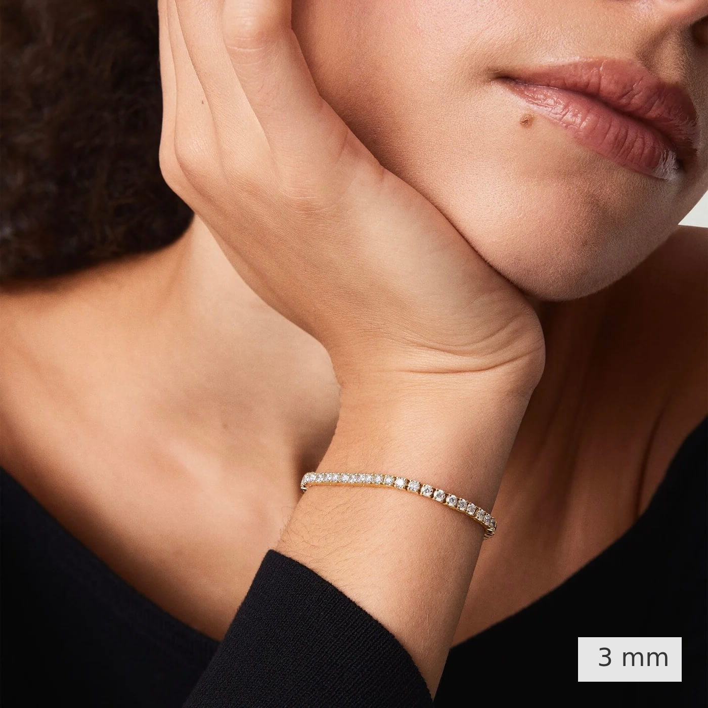 3 mm lab-grown diamond tennis bracelet worn on the wrist.