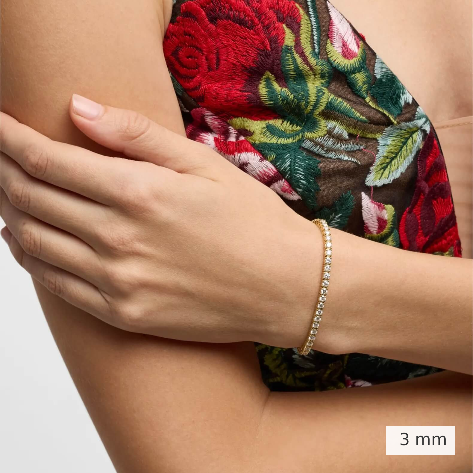 3 mm lab-grown diamond tennis bracelet worn on the wrist.