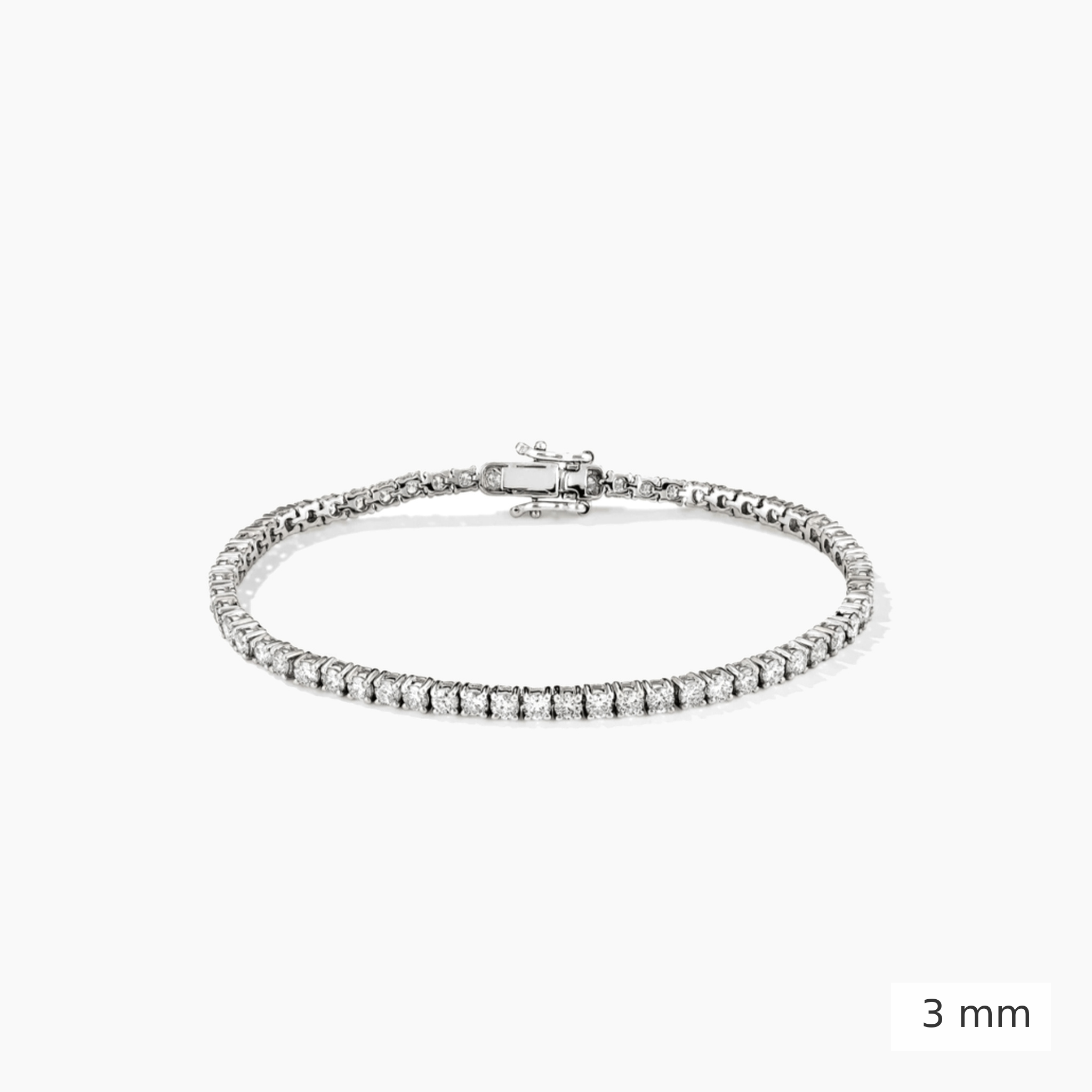 3 mm lab-grown diamond tennis bracelet in white gold, closed view.