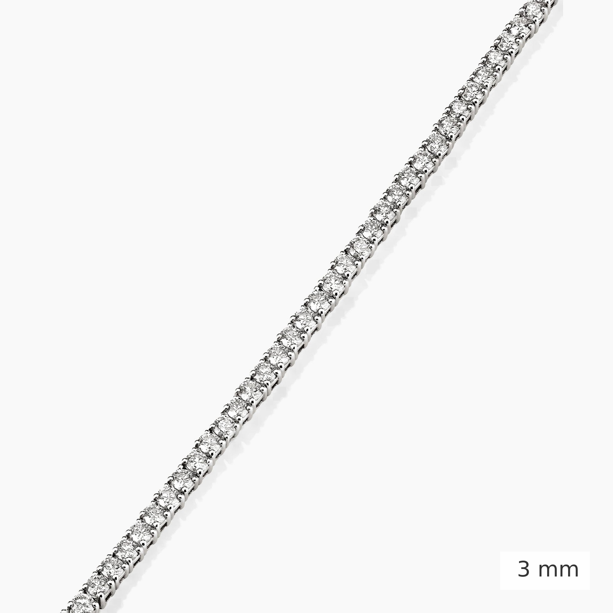 3 mm lab-grown diamond tennis bracelet in white gold, close-up detail.