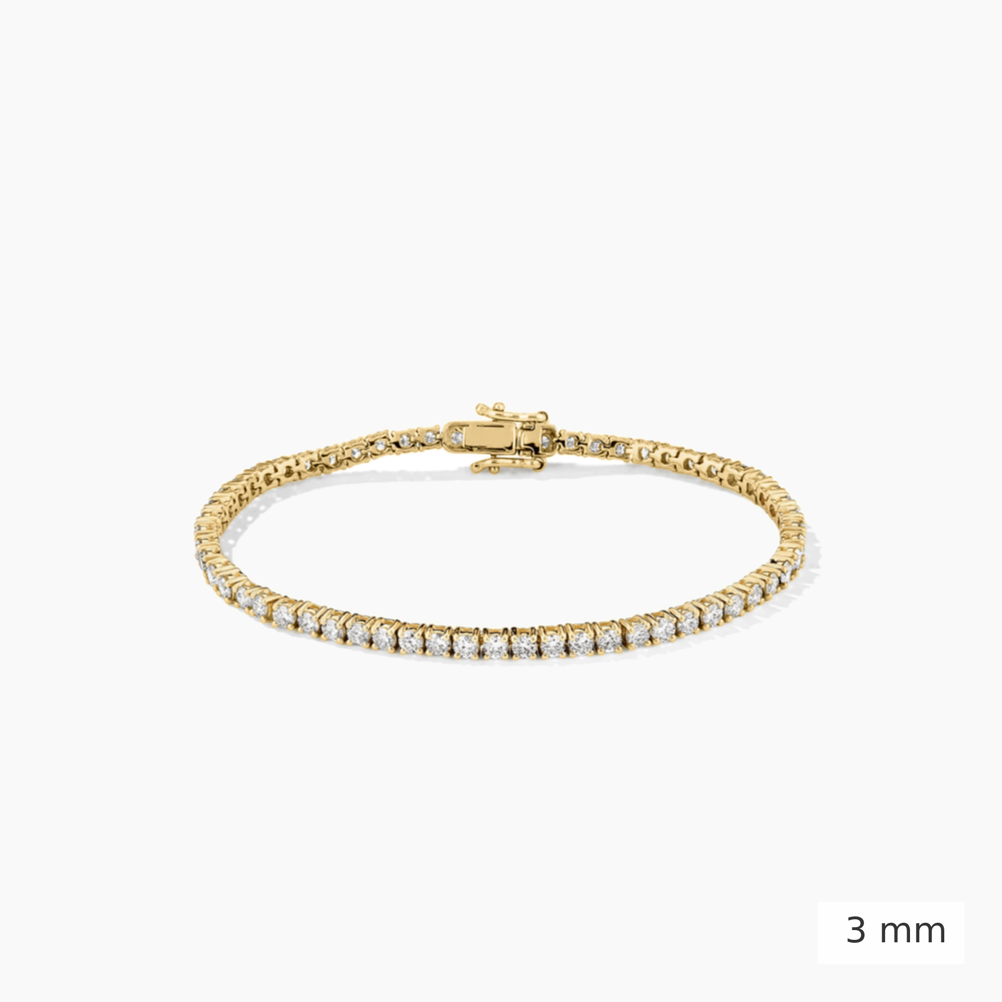3 mm lab-grown diamond tennis bracelet in yellow gold, closed view.