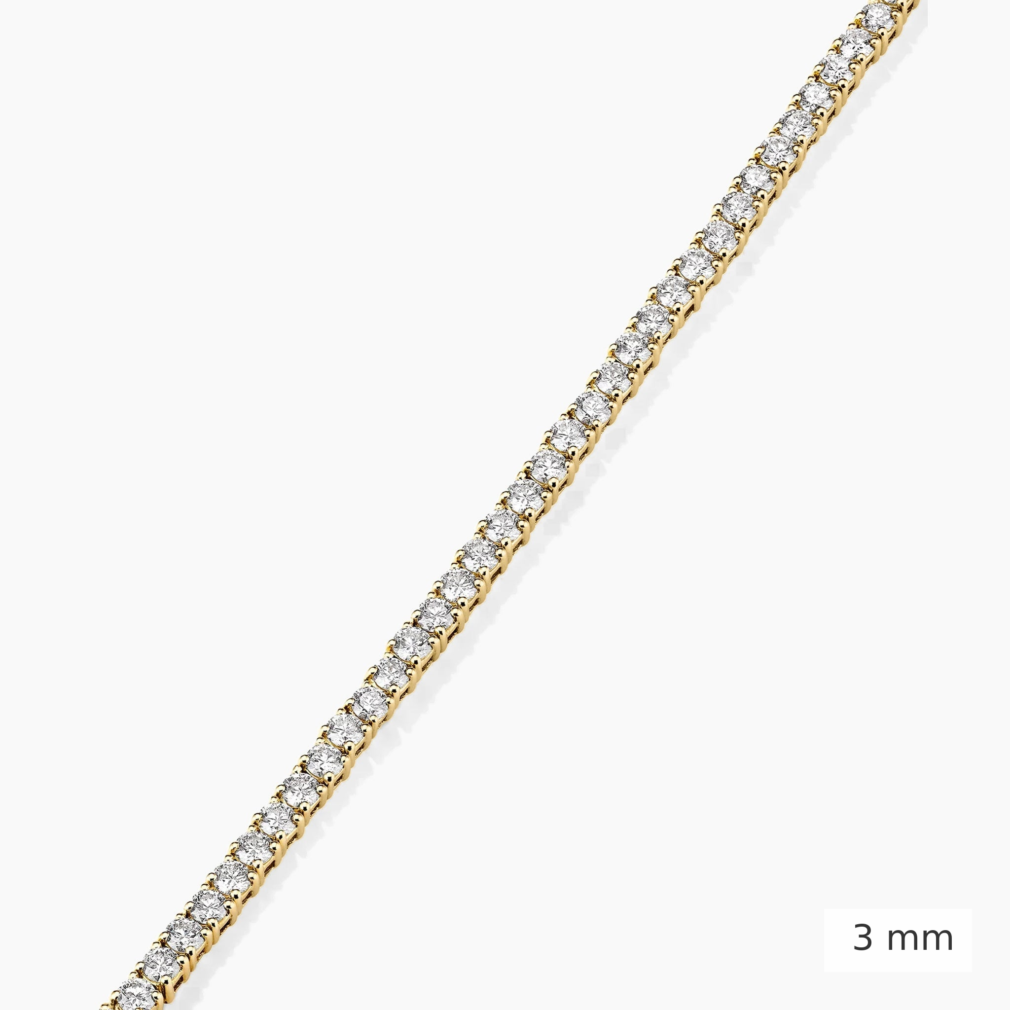 3 mm lab-grown diamond tennis bracelet in yellow gold, close-up detail.