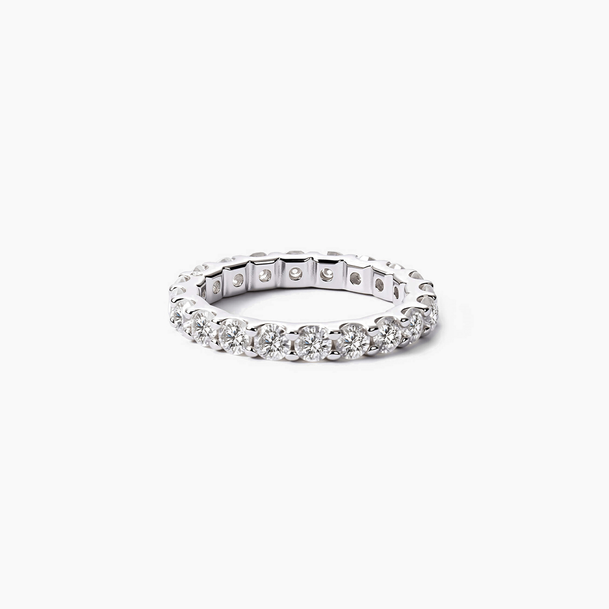 3 mm moissanite eternity ring in white gold vermeil, front view.