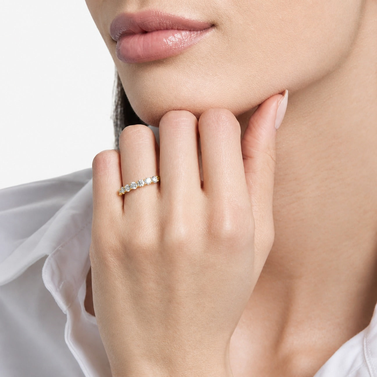 3 mm Moissanite Half Eternity Ring worn on a model, hand beneath chin