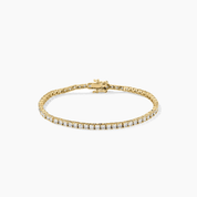 3 mm moissanite tennis bracelet in yellow gold vermeil, closed view.