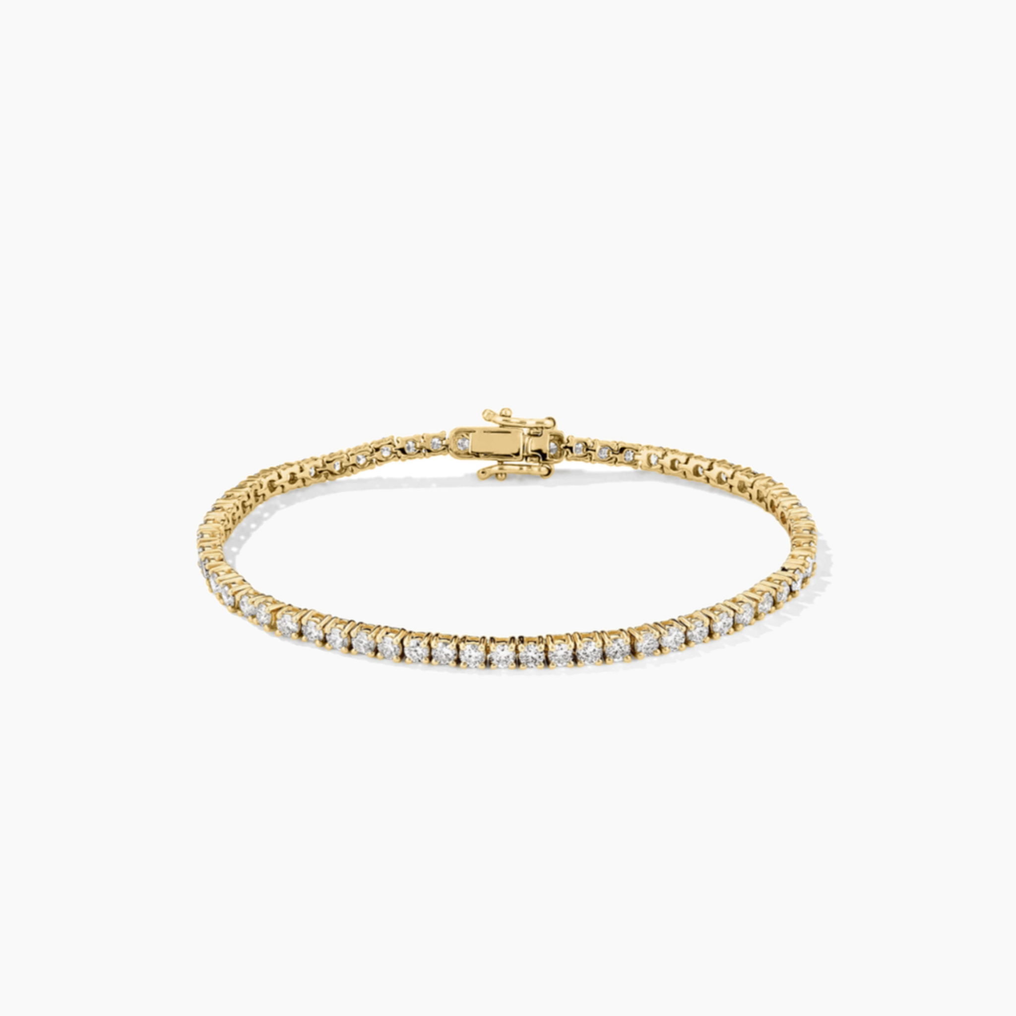 3 mm moissanite tennis bracelet in yellow gold vermeil, closed view.
