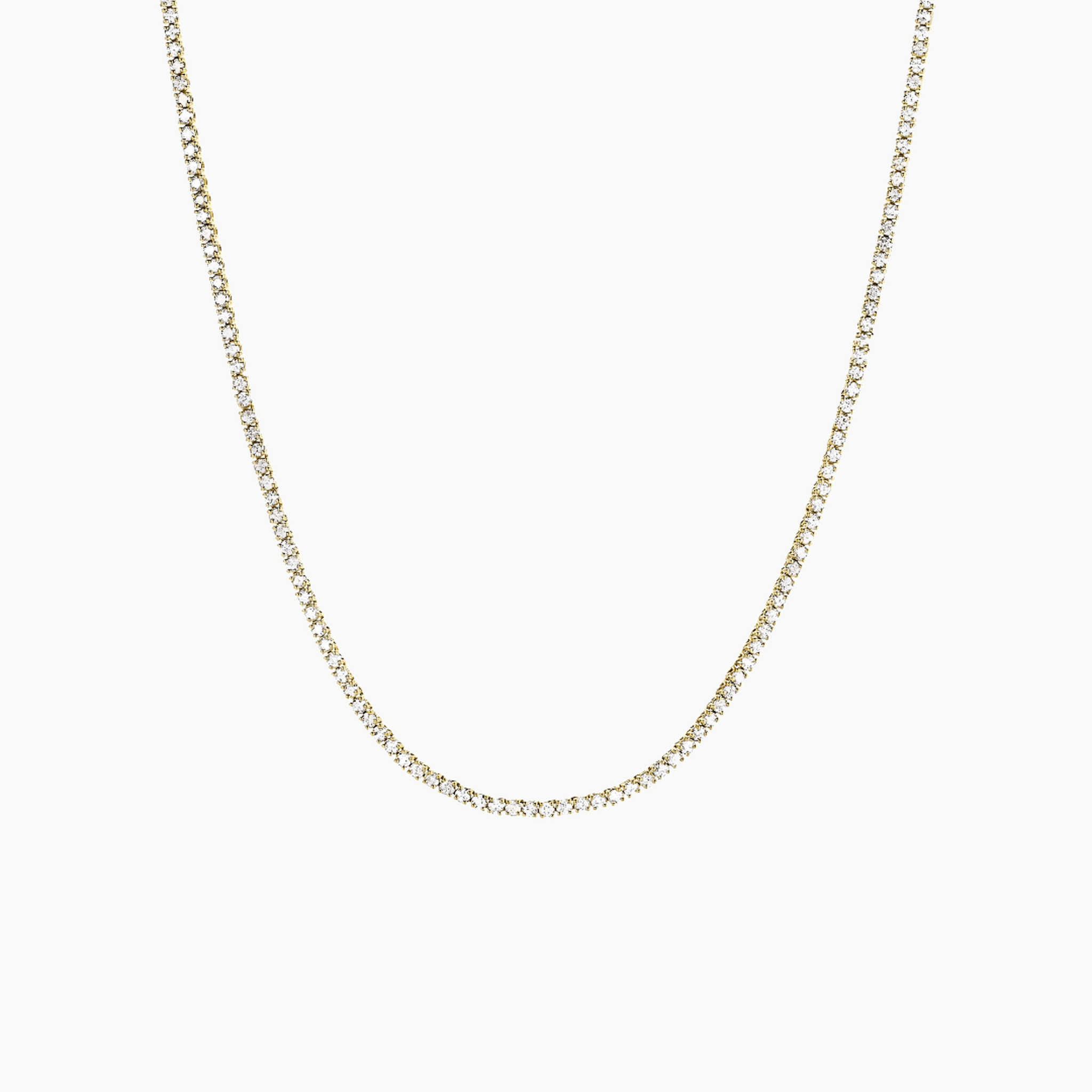 3 mm moissanite tennis necklace in yellow gold vermeil, full product view.