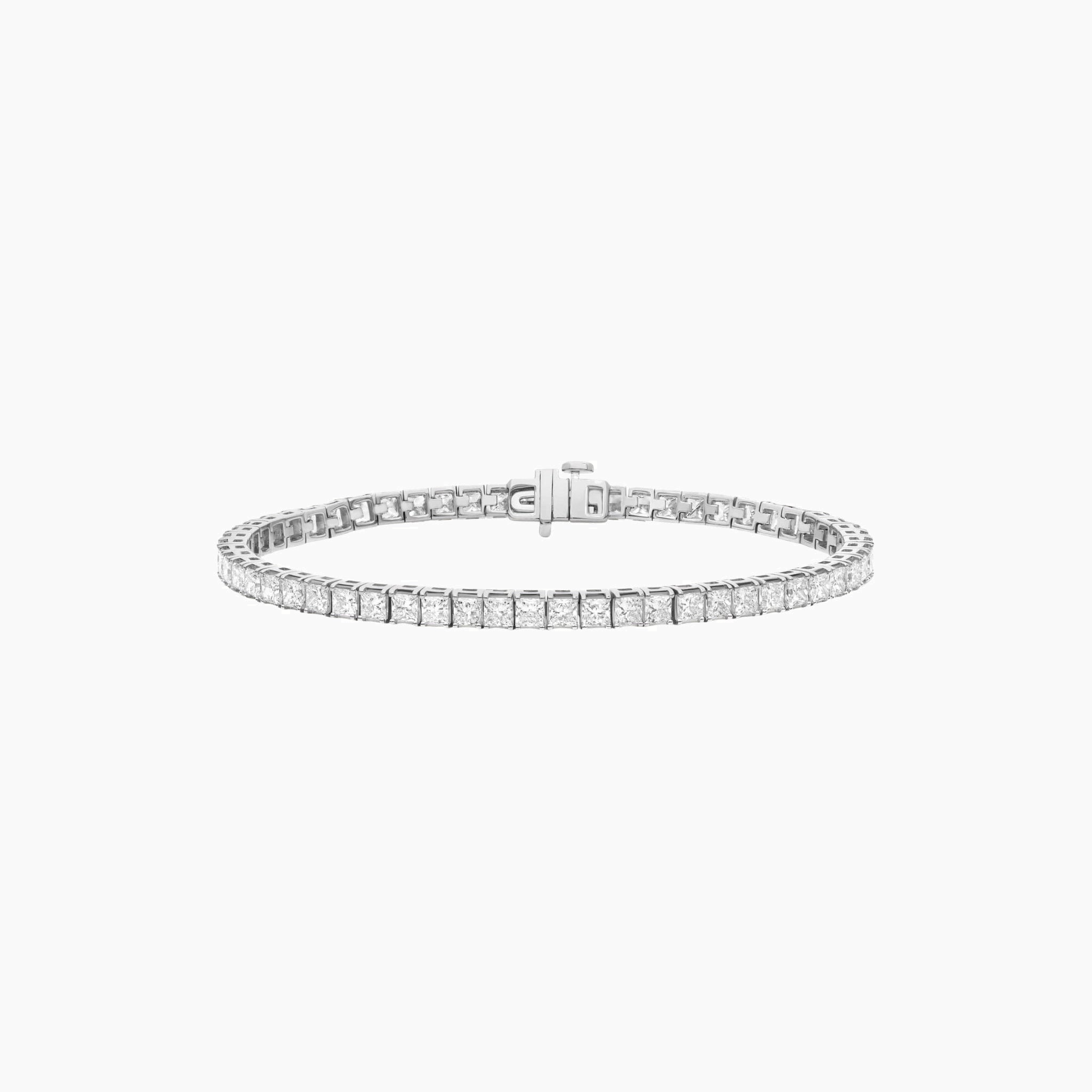 3 mm princess-cut moissanite tennis bracelet in white gold vermeil, full product view.