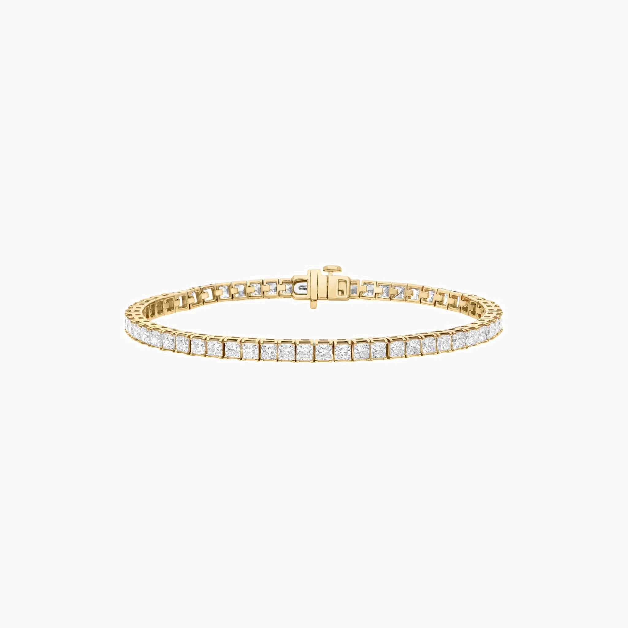 3 mm princess-cut moissanite tennis bracelet in yellow gold vermeil, full product view.