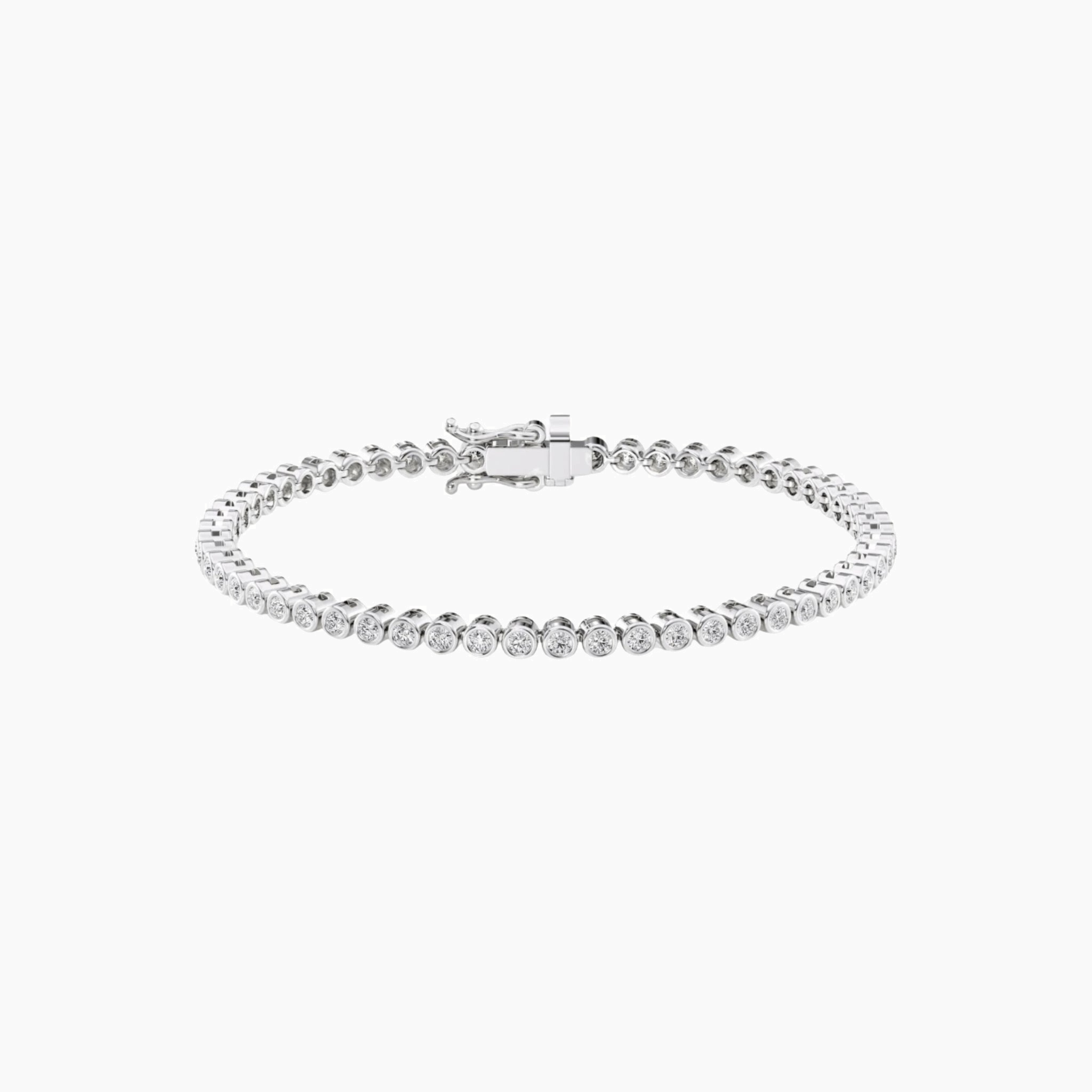 3 mm wide moissanite bezel tennis bracelet in white gold vermeil, closed view.
