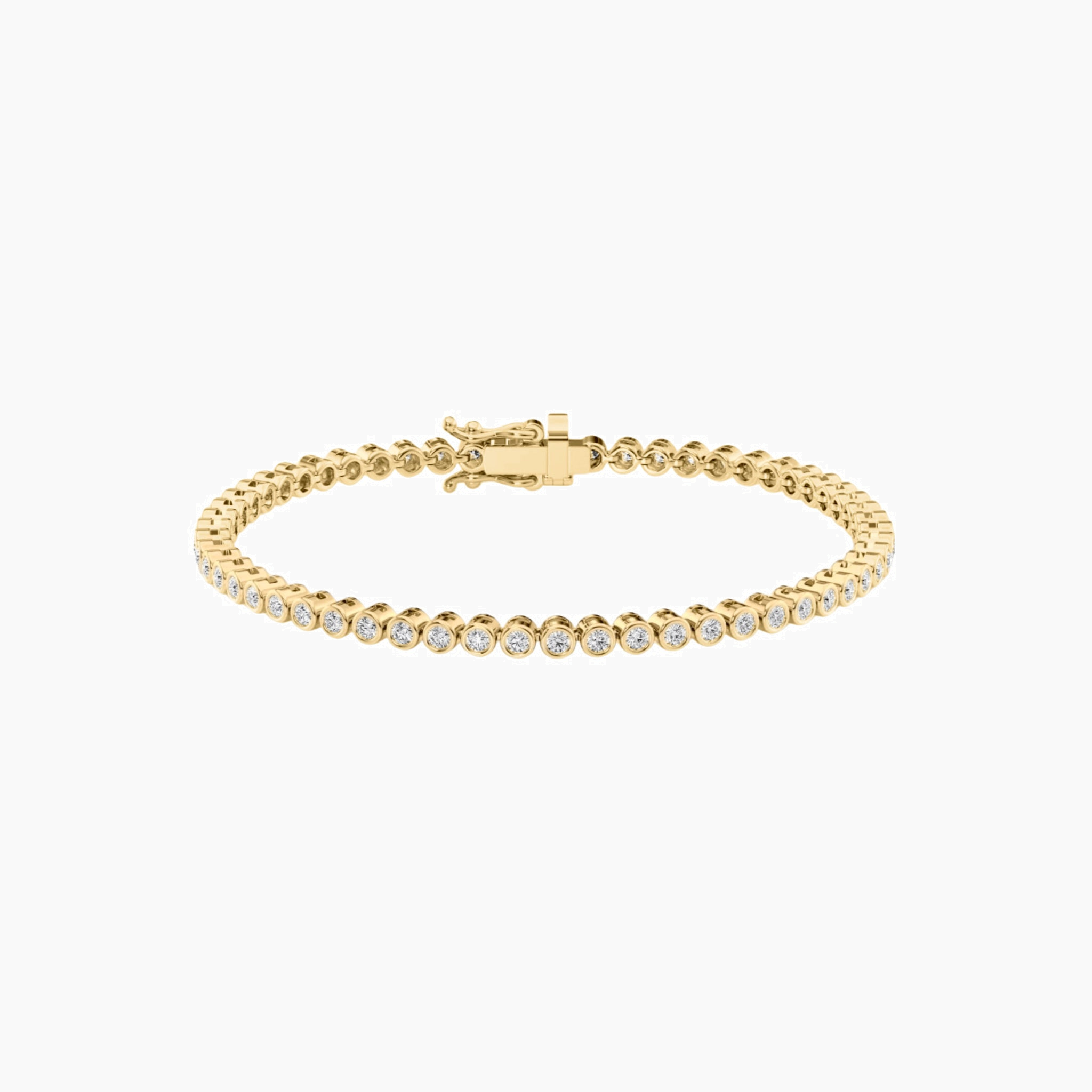 3 mm wide moissanite bezel tennis bracelet in yellow gold vermeil, closed view.