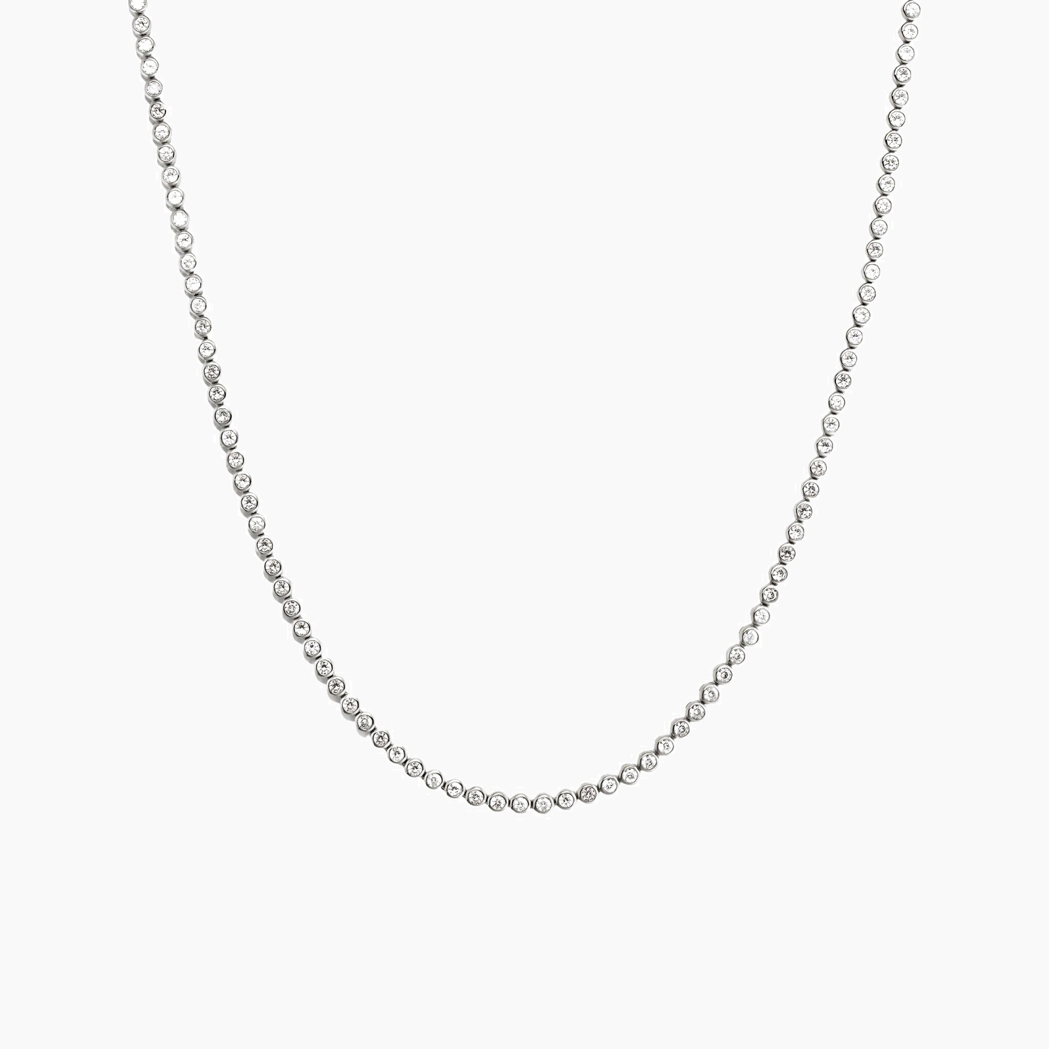 3 mm wide moissanite bezel tennis necklace in white gold vermeil, full product view.