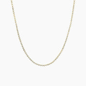 3 mm wide moissanite bezel tennis necklace in yellow gold vermeil, full product view.