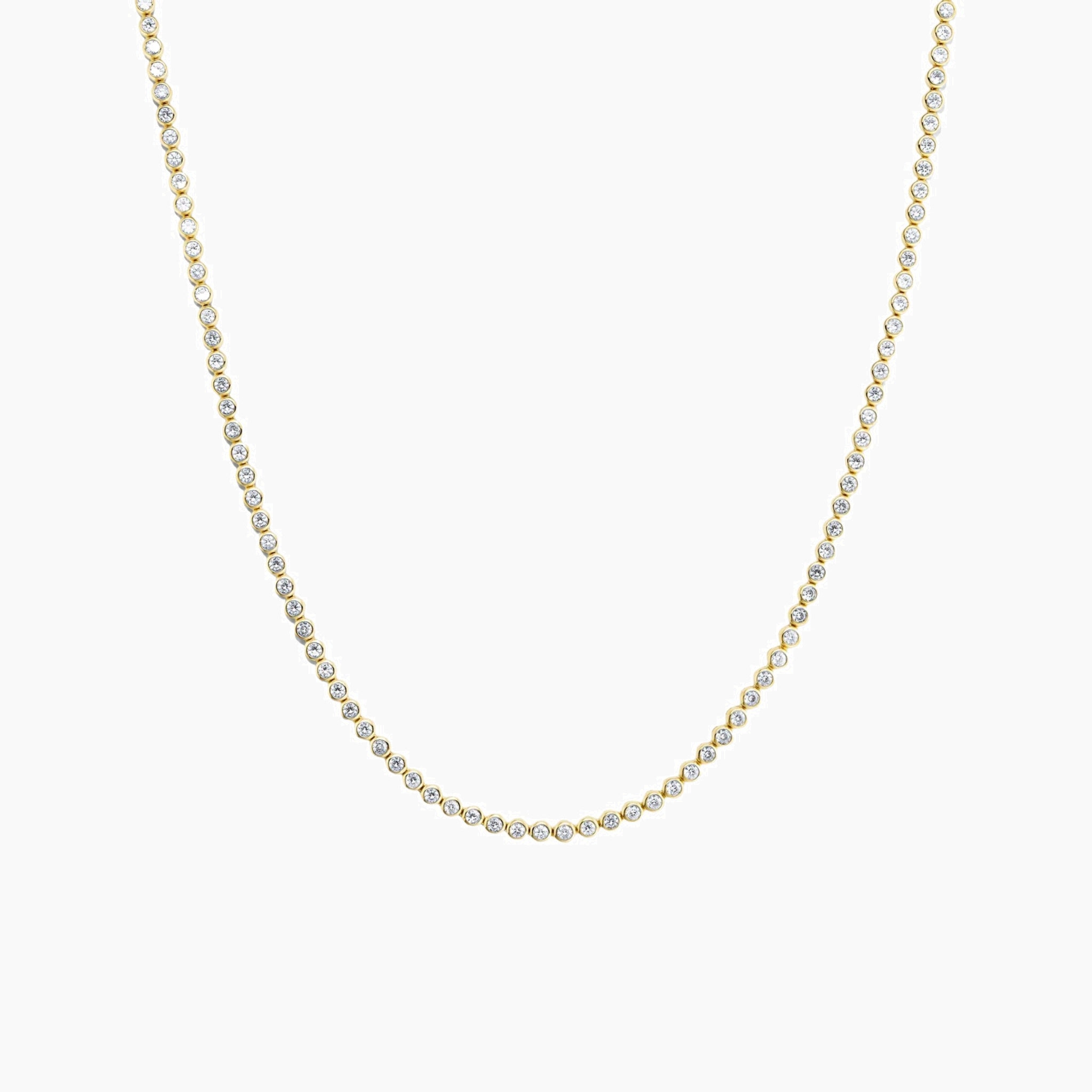 3 mm wide moissanite bezel tennis necklace in yellow gold vermeil, full product view.