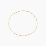 3 mm wide moissanite bezel tennis necklace in yellow gold vermeil, full product view.